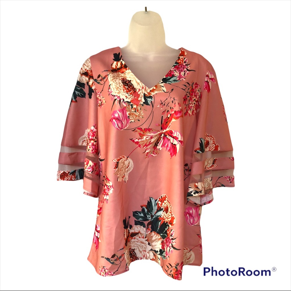Satiny Silky Pink Floral Flutter Sleeve Top - Size Medium